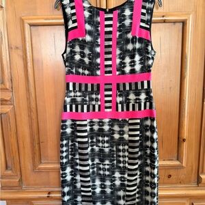 BCBGMaxAzria Black and Pink Patterned Midi Elouise Sheath Dress